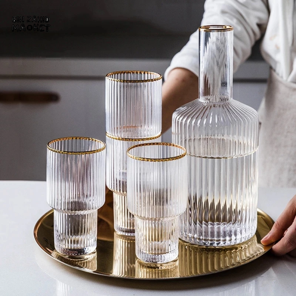 VINTAGE OPTIC GLASS DECANTER SET ELEGANT 5-PIECE BEVERAGE SERVING SET