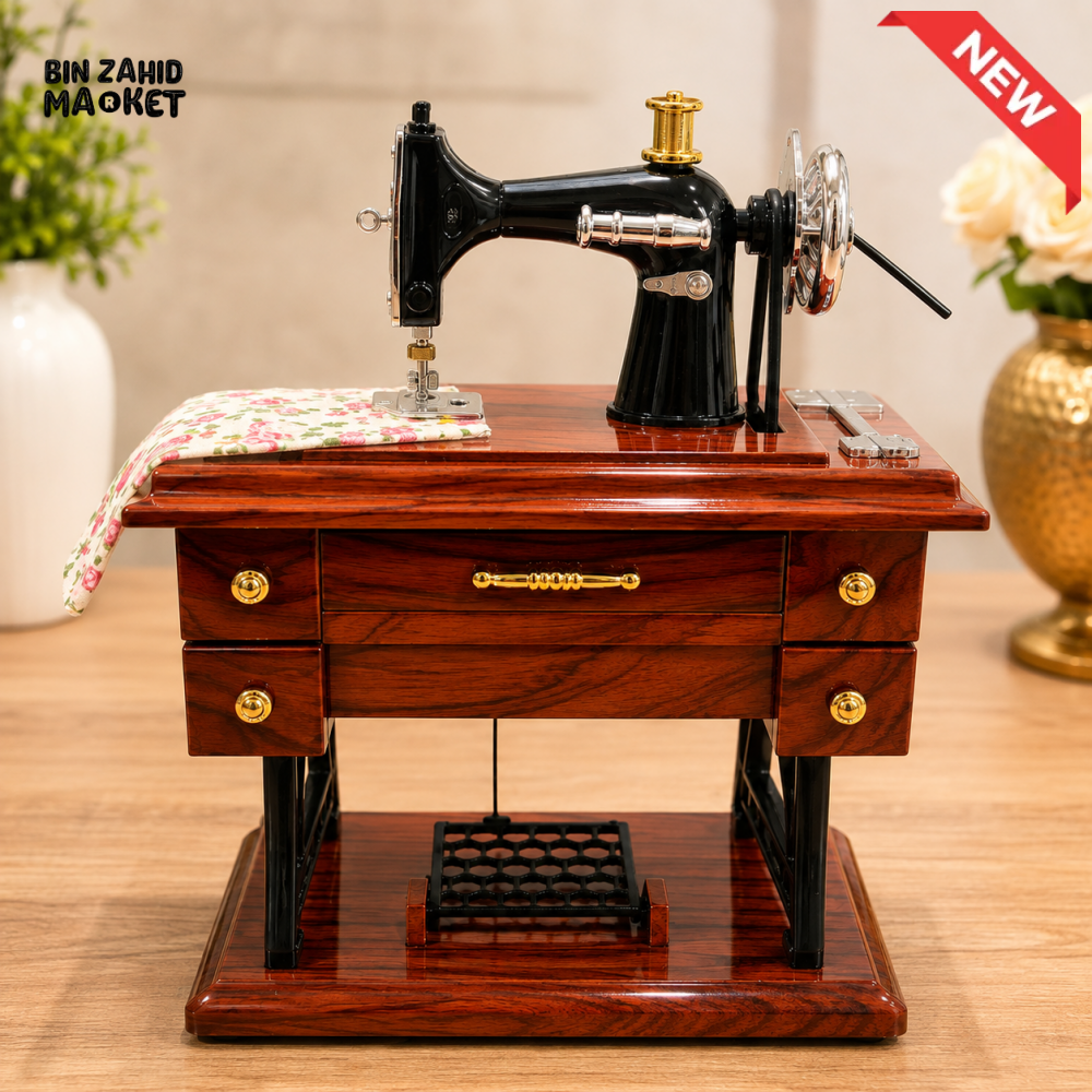 VINTAGE SEWING MACHINE MUSIC BOX WITH WOODEN TABLE DESIGN