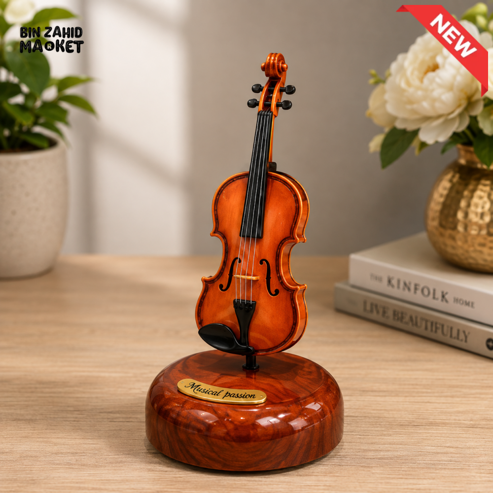 VINTAGE VIOLIN MUSIC BOX WITH WOODEN BASE
