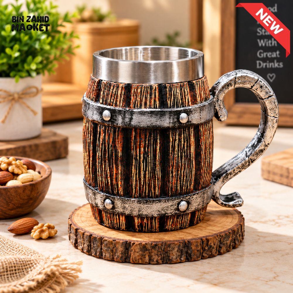 VINTAGE WOODEN BARREL-STYLE STAINLESS STEEL MUG WITH CURVED HANDLE