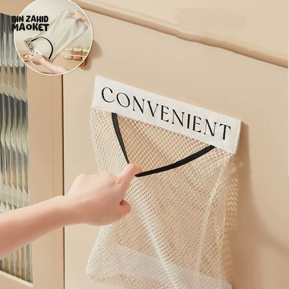 WALL MOUNT MESH STORAGE BAG – GARBAGE BAG HOLDER, PLASTIC SHOPPING BAG DISPENSER NET ORGANIZER FOR GROCERY & SUNDRIES