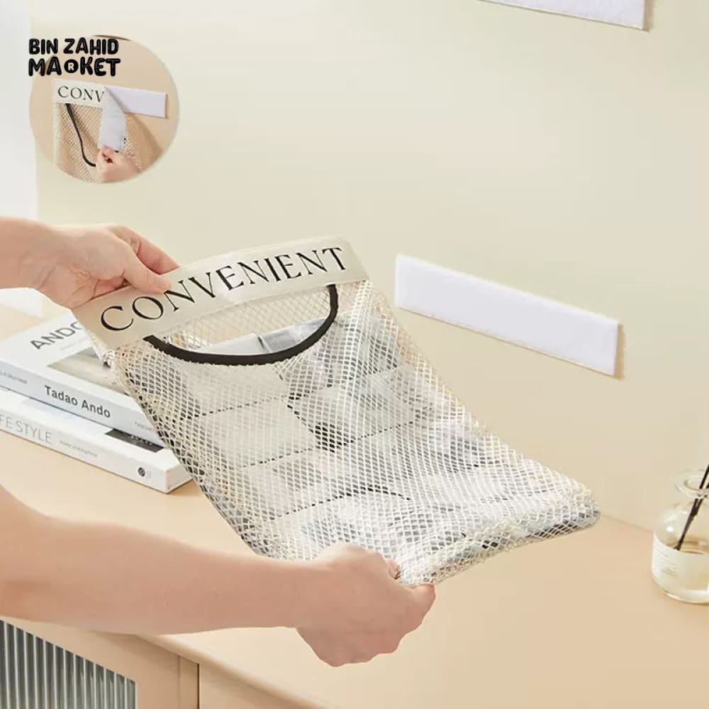 WALL MOUNT MESH STORAGE BAG – GARBAGE BAG HOLDER, PLASTIC SHOPPING BAG DISPENSER NET ORGANIZER FOR GROCERY & SUNDRIES