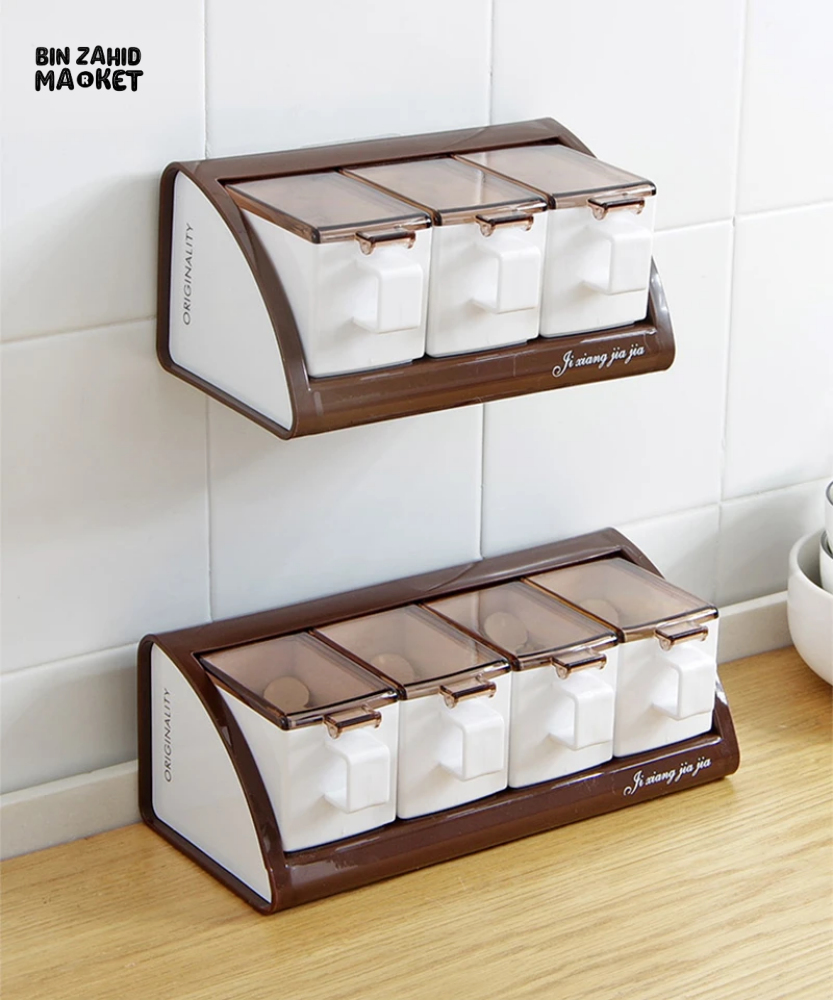 WALL-MOUNTED 4-COMPARTMENT SEASONING POT SET KITCHEN SALT & SPICE STORAGE BOXES