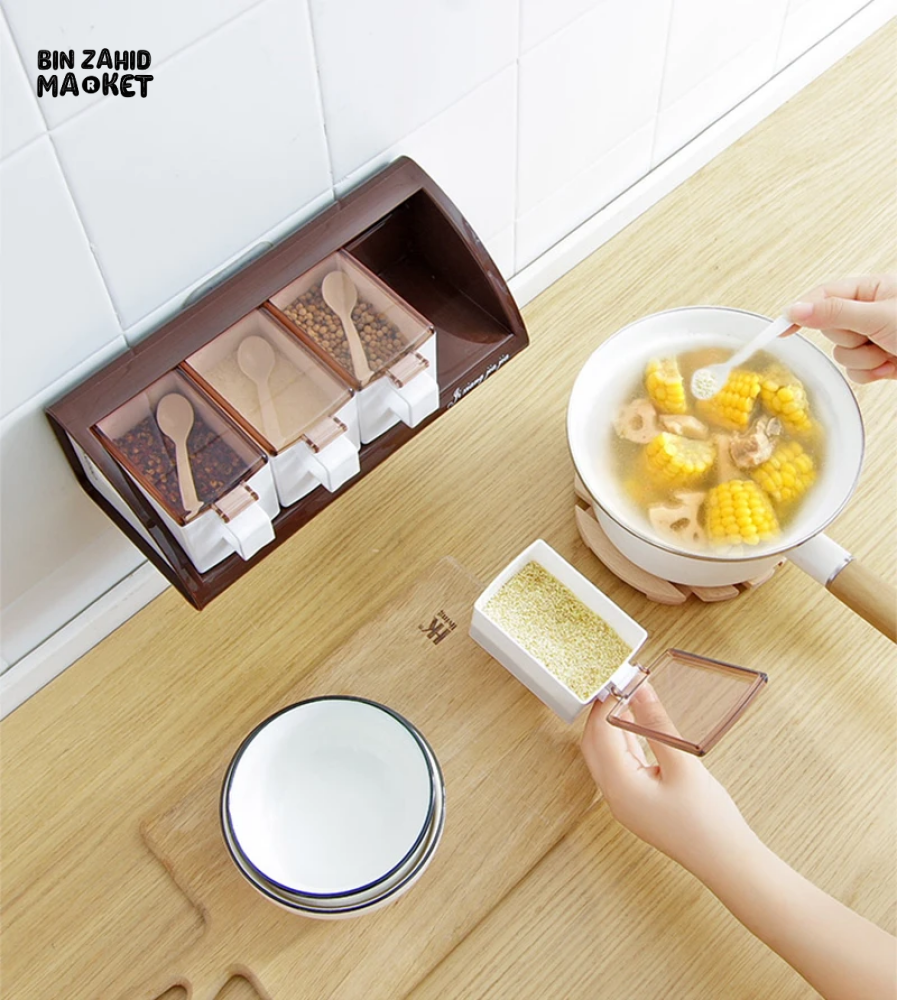 WALL-MOUNTED 4-COMPARTMENT SEASONING POT SET KITCHEN SALT & SPICE STORAGE BOXES