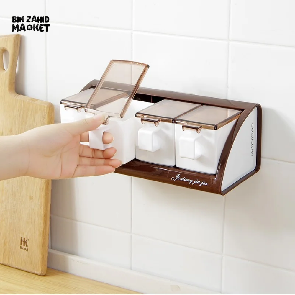 WALL-MOUNTED 4-COMPARTMENT SEASONING POT SET KITCHEN SALT & SPICE STORAGE BOXES