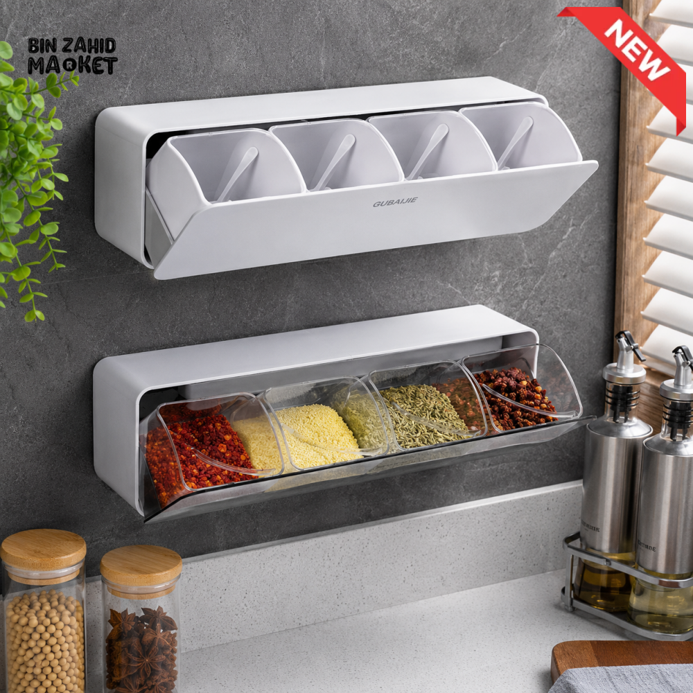 WALL-MOUNTED 4-COMPARTMENT SPICE STORAGE DISPENSER