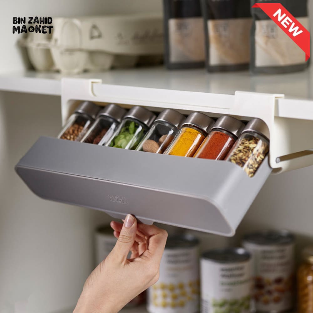 WALL MOUNTED SEASONING BOX – NO DRILL ADJUSTABLE SPICE RACK WITH FREE 6 JARS MULTIFUNCTIONAL CONDIMENT CONTAINER SET