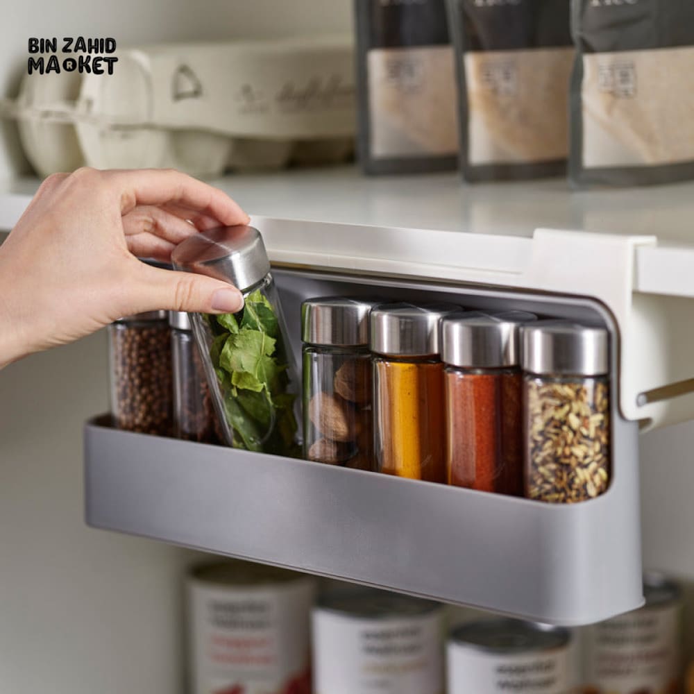 WALL MOUNTED SEASONING BOX – NO DRILL ADJUSTABLE SPICE RACK WITH FREE 6 JARS MULTIFUNCTIONAL CONDIMENT CONTAINER SET