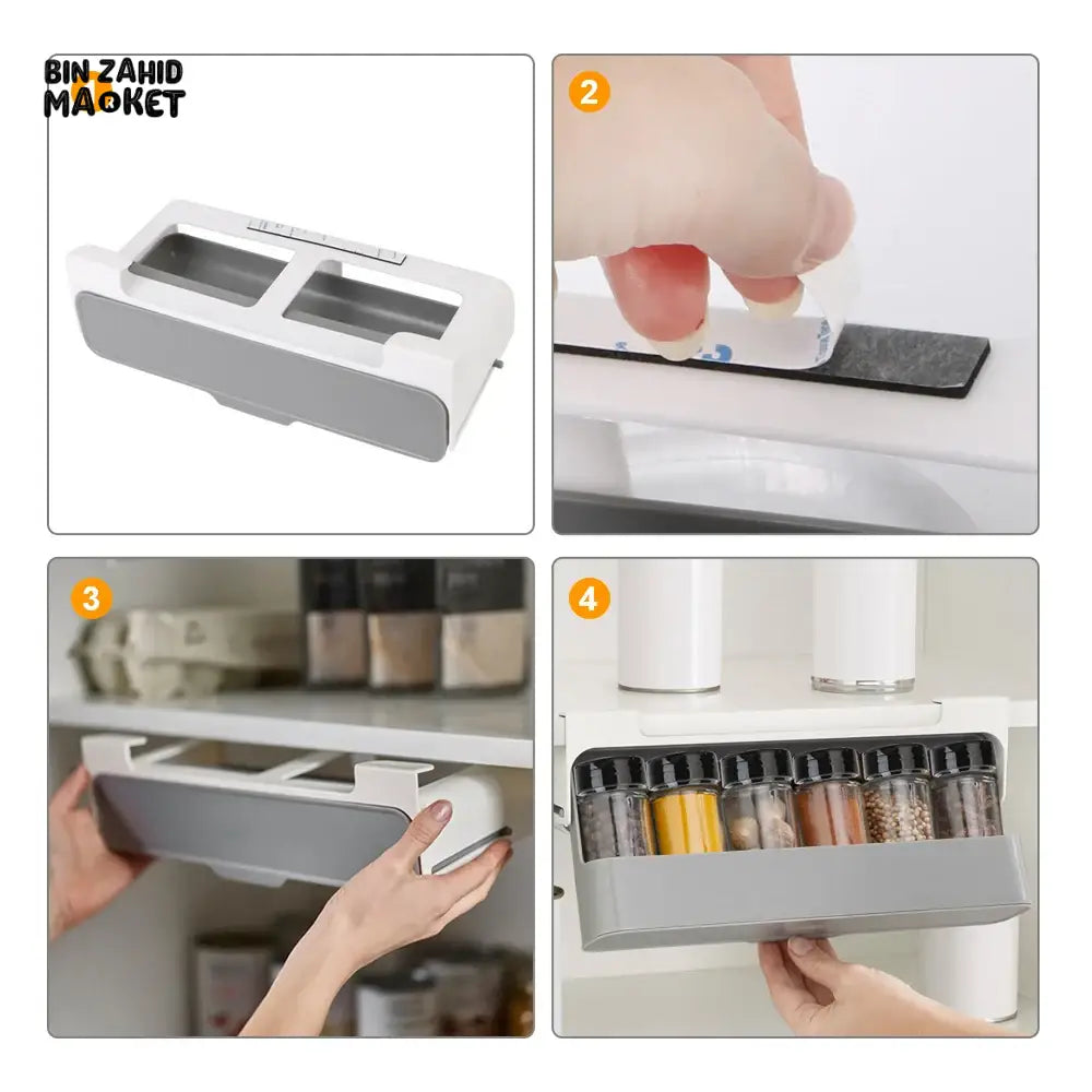 WALL MOUNTED SEASONING BOX – NO DRILL ADJUSTABLE SPICE RACK WITH FREE 6 JARS MULTIFUNCTIONAL CONDIMENT CONTAINER SET