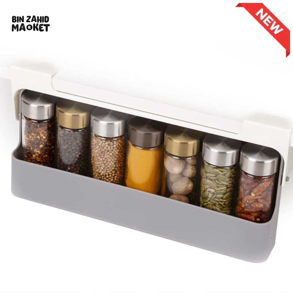WALL MOUNTED SEASONING BOX – NO DRILL ADJUSTABLE SPICE RACK WITH FREE 6 JARS MULTIFUNCTIONAL CONDIMENT CONTAINER SET