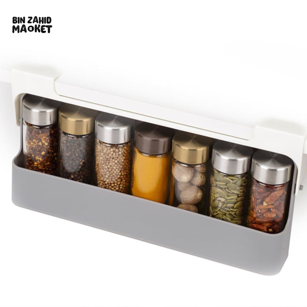 WALL MOUNTED SEASONING BOX – NO DRILL ADJUSTABLE SPICE RACK WITH FREE 6 JARS MULTIFUNCTIONAL CONDIMENT CONTAINER SET