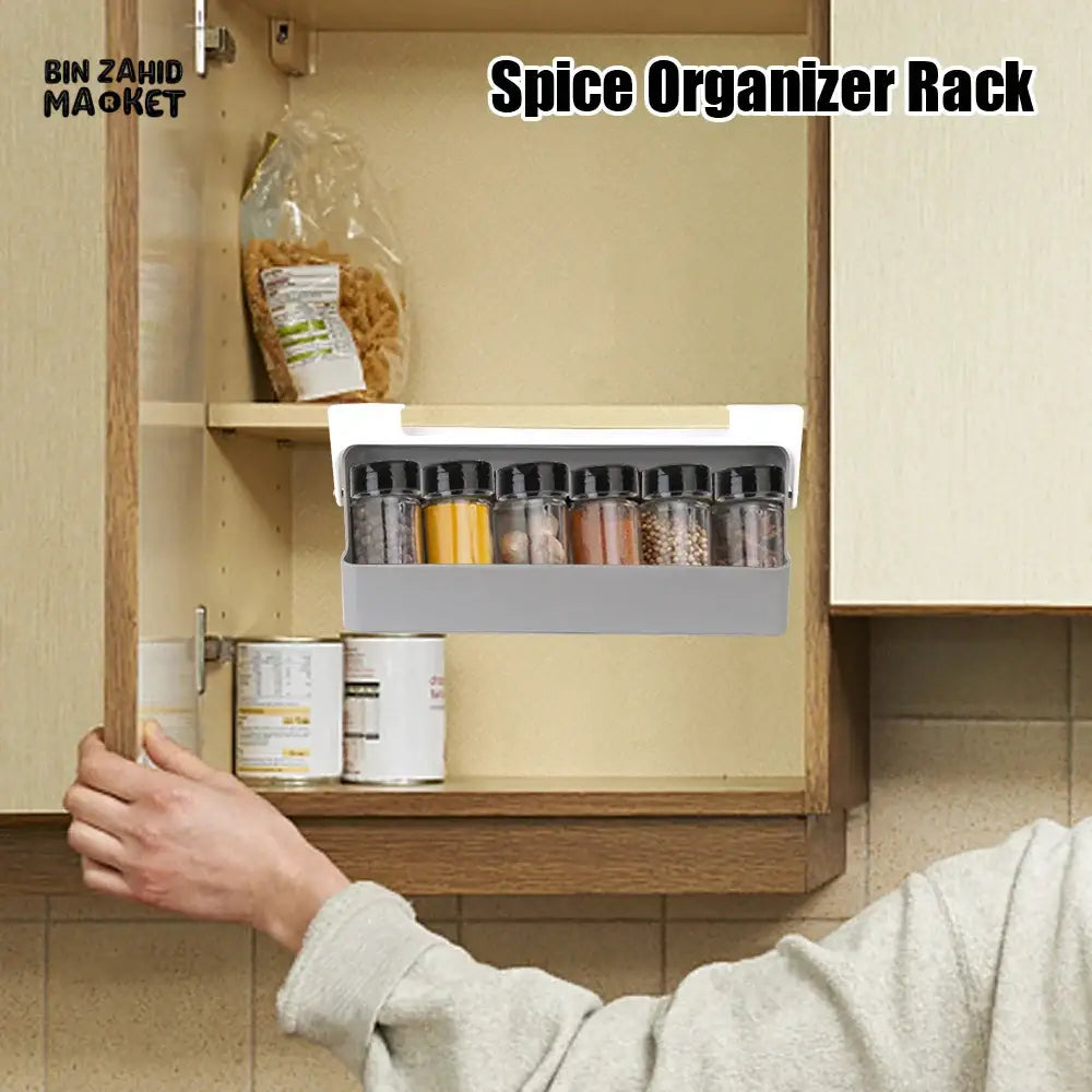 WALL MOUNTED SEASONING BOX – NO DRILL ADJUSTABLE SPICE RACK WITH FREE 6 JARS MULTIFUNCTIONAL CONDIMENT CONTAINER SET