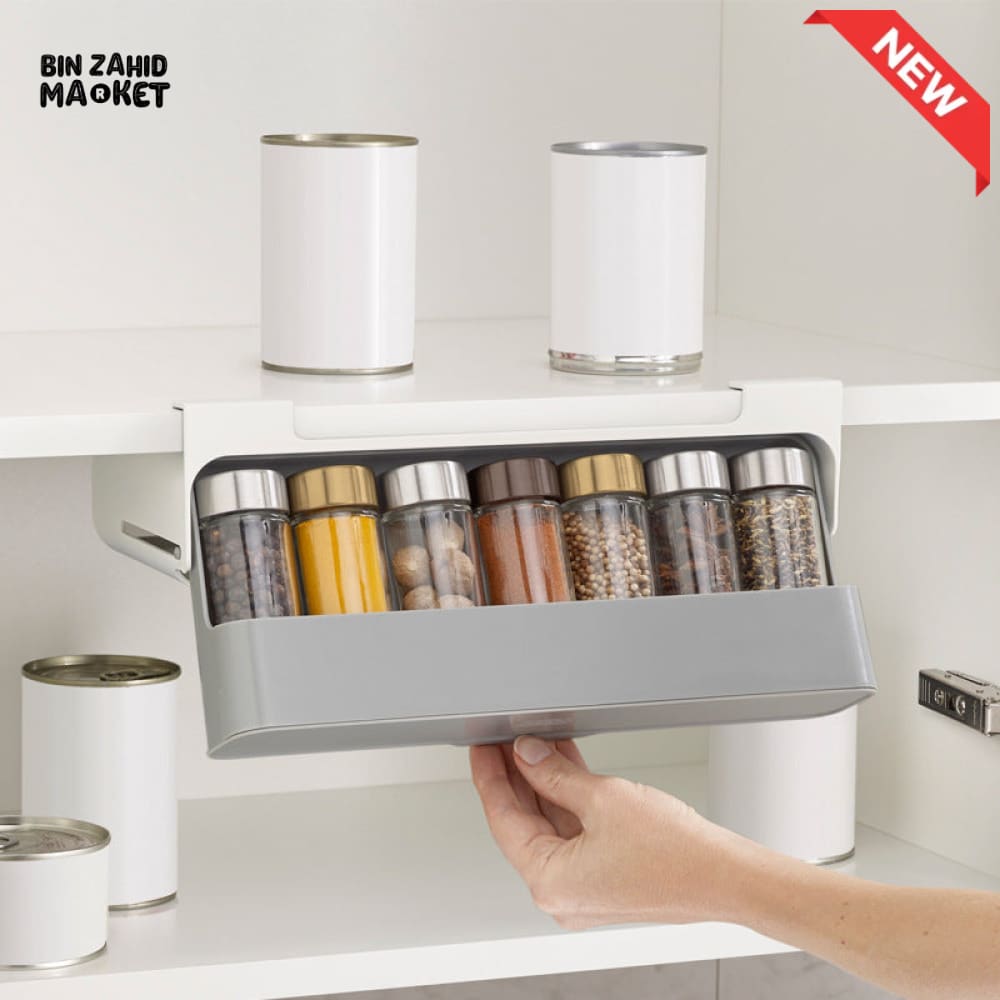 WALL MOUNTED SEASONING BOX – NO DRILL ADJUSTABLE SPICE RACK WITH FREE 6 JARS MULTIFUNCTIONAL CONDIMENT CONTAINER SET