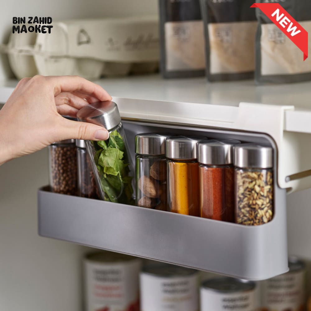 WALL MOUNTED SEASONING BOX – NO DRILL ADJUSTABLE SPICE RACK WITH FREE 6 JARS MULTIFUNCTIONAL CONDIMENT CONTAINER SET