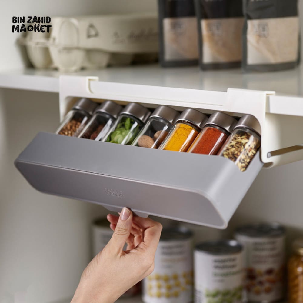 WALL MOUNTED SEASONING BOX – NO DRILL ADJUSTABLE SPICE RACK WITH FREE 6 JARS MULTIFUNCTIONAL CONDIMENT CONTAINER SET