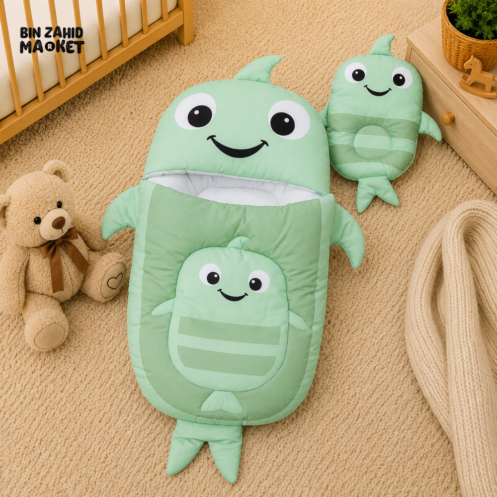 WHALE DESIGN COTTON POLYESTER BABY SLEEPING BAG WITH MATCHING PILLOW - GREEN