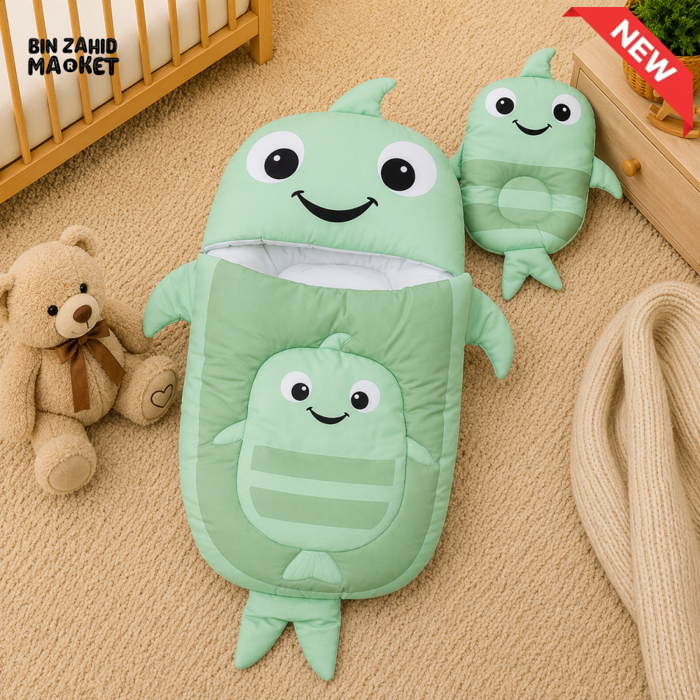 WHALE DESIGN COTTON POLYESTER BABY SLEEPING BAG WITH MATCHING PILLOW - GREEN