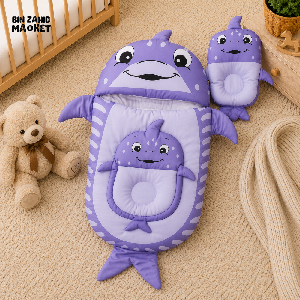 WHALE DESIGN COTTON POLYESTER BABY SLEEPING BAG WITH MATCHING PILLOW - PURPLE