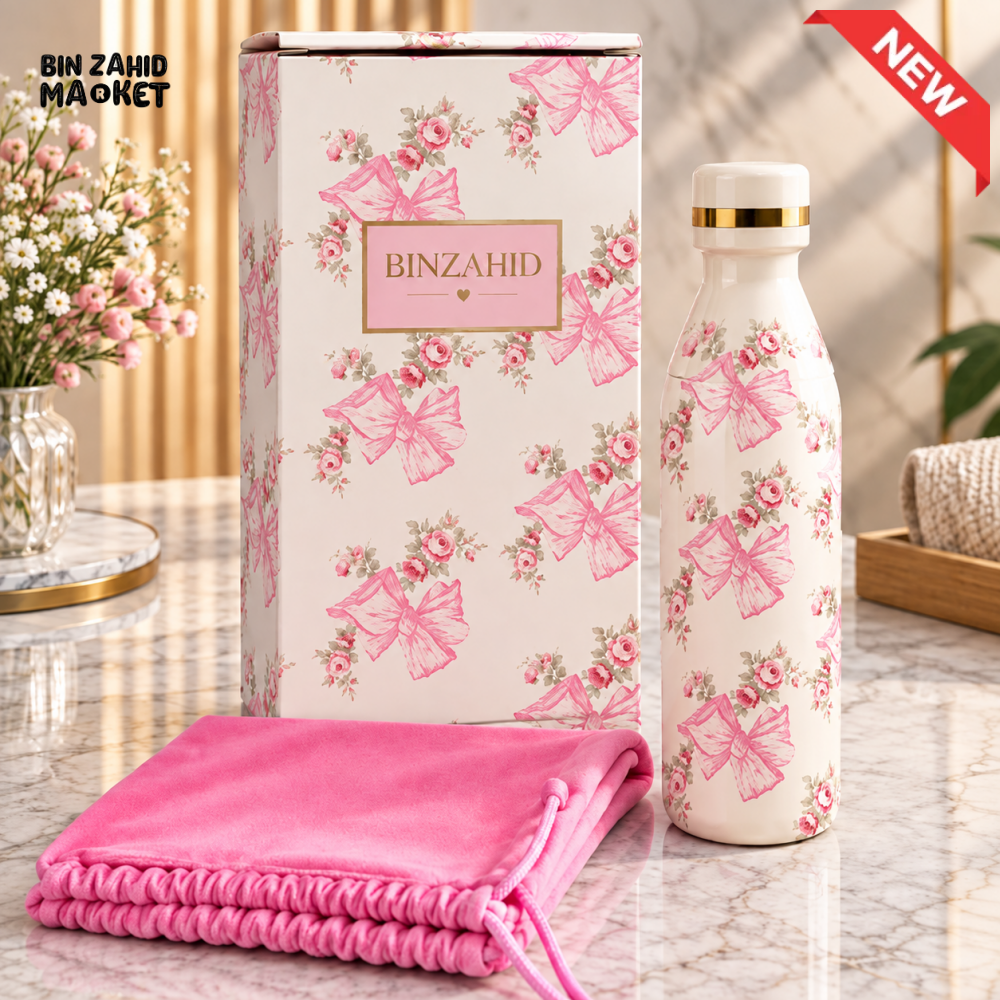 WHITE AND PINK FLORAL INSULATED WATER BOTTLE WITH GIFT BOX AND POUCH