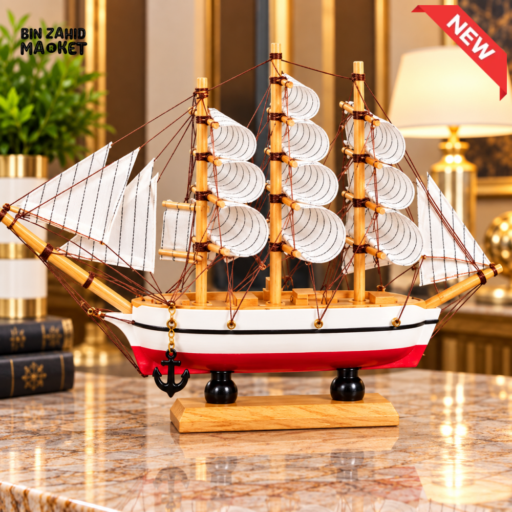 WHITE AND RED WOODEN SAILING SHIP DECORATIVE SHOWPIECE
