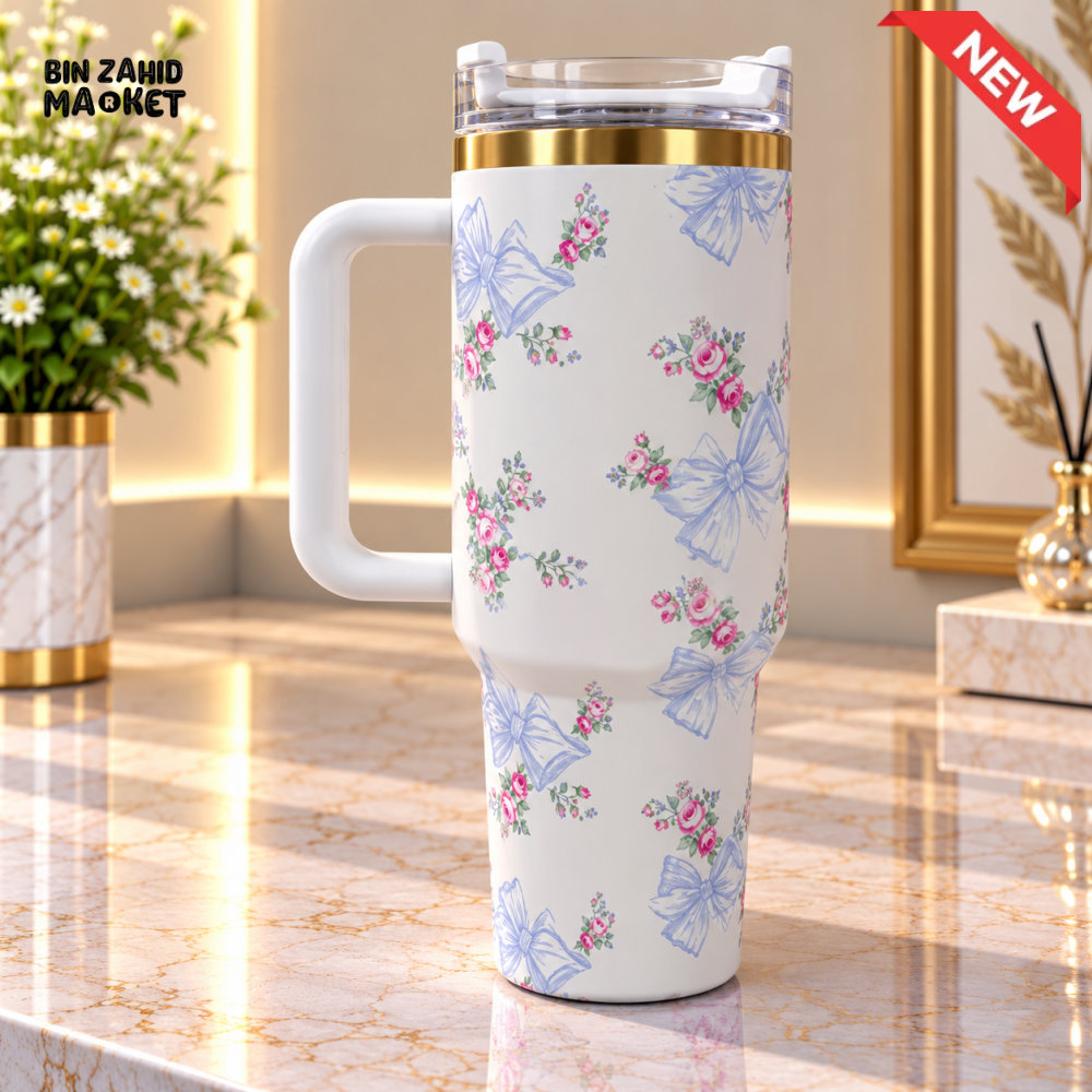WHITE FLORAL & BLUE BOW STAINLESS STEEL INSULATED TRAVEL TUMBLER WITH HANDLE 40OZ