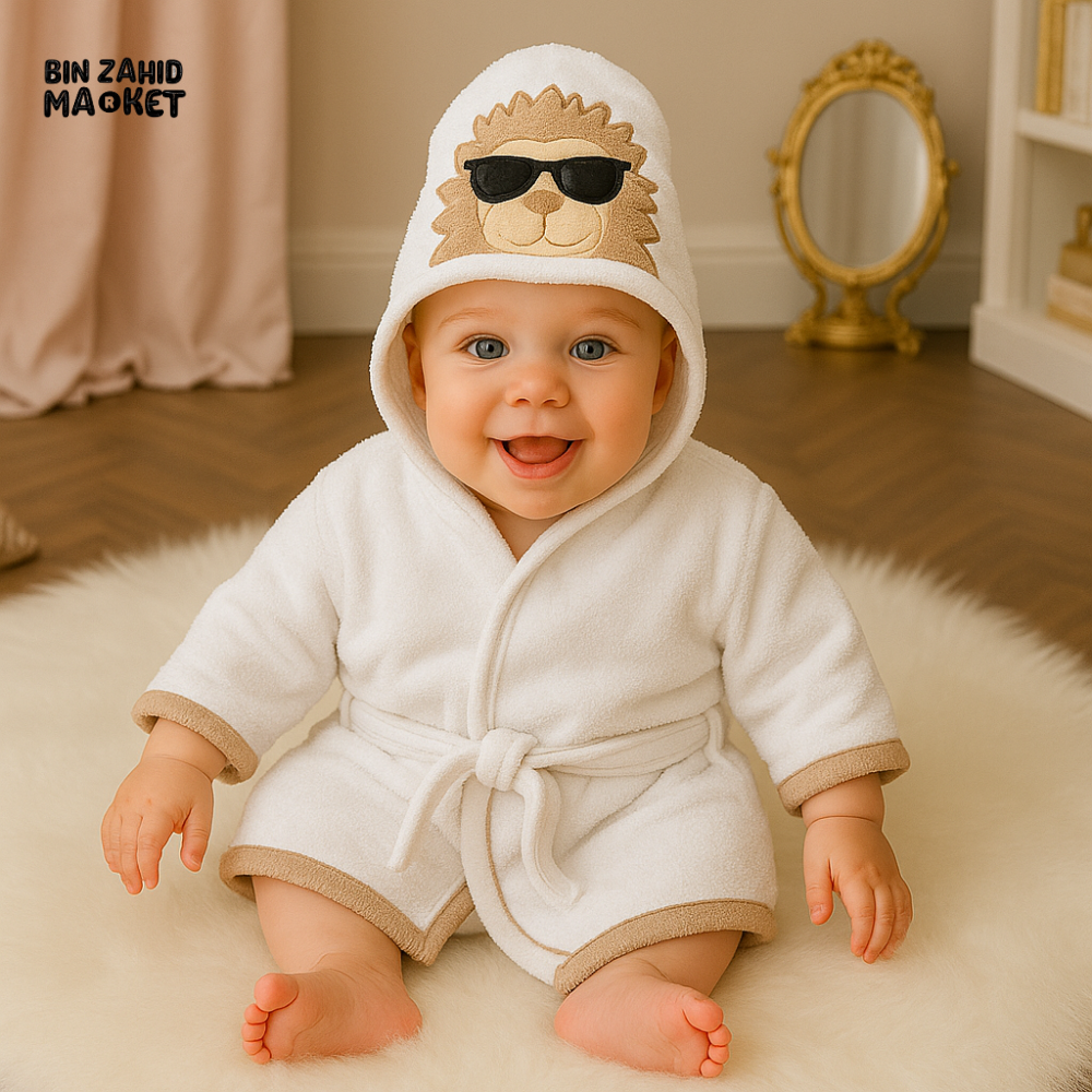 WHITE MONKEY 6 MONTHS+ BABY HOODED BATHROBE WITH MONKEY DESIGN – SOFT COTTON TOWEL ROBE FOR NEWBORNS - WHITE MONKEY