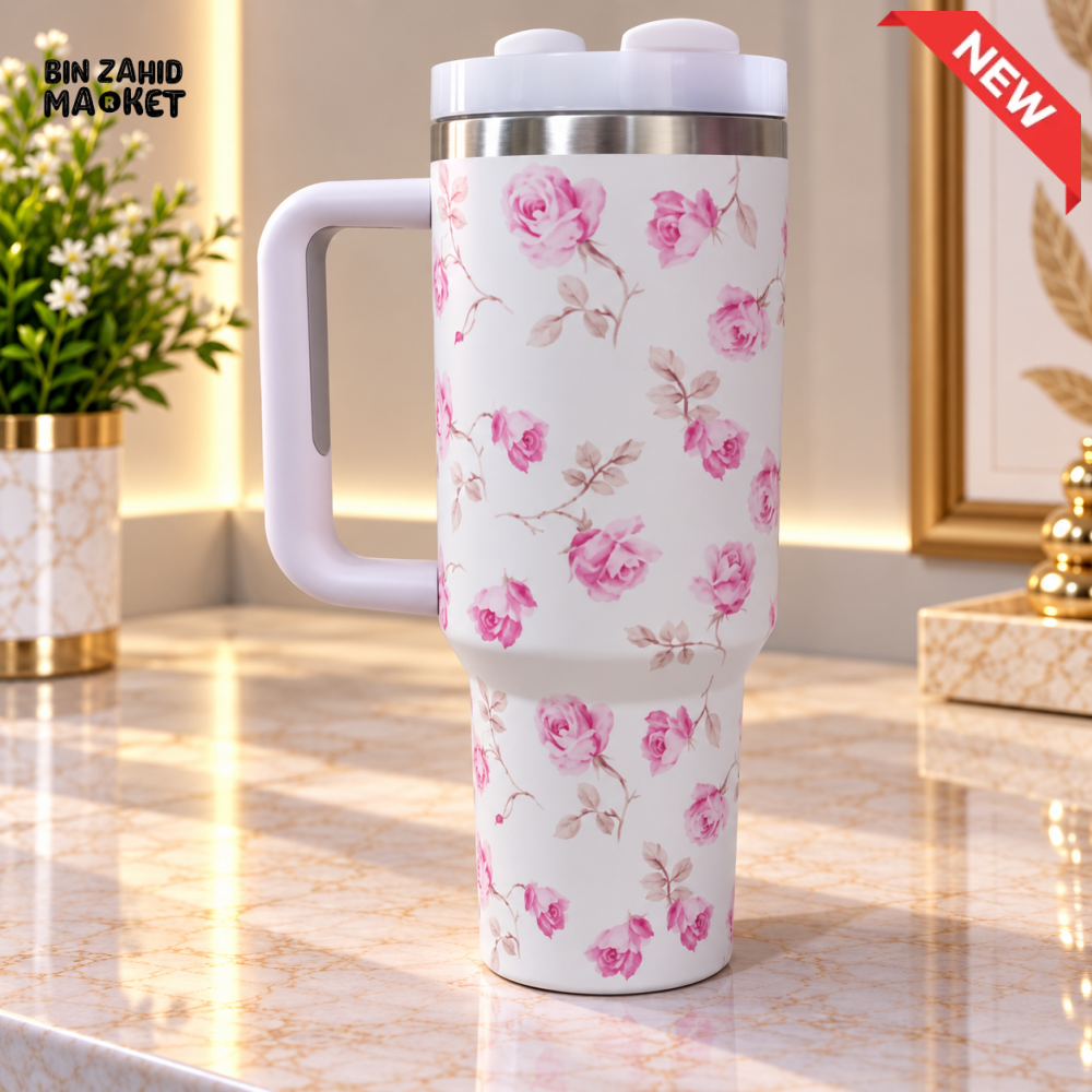 WHITE & PINK ROSE FLORAL STAINLESS STEEL INSULATED TRAVEL TUMBLER WITH HANDLE 40OZ