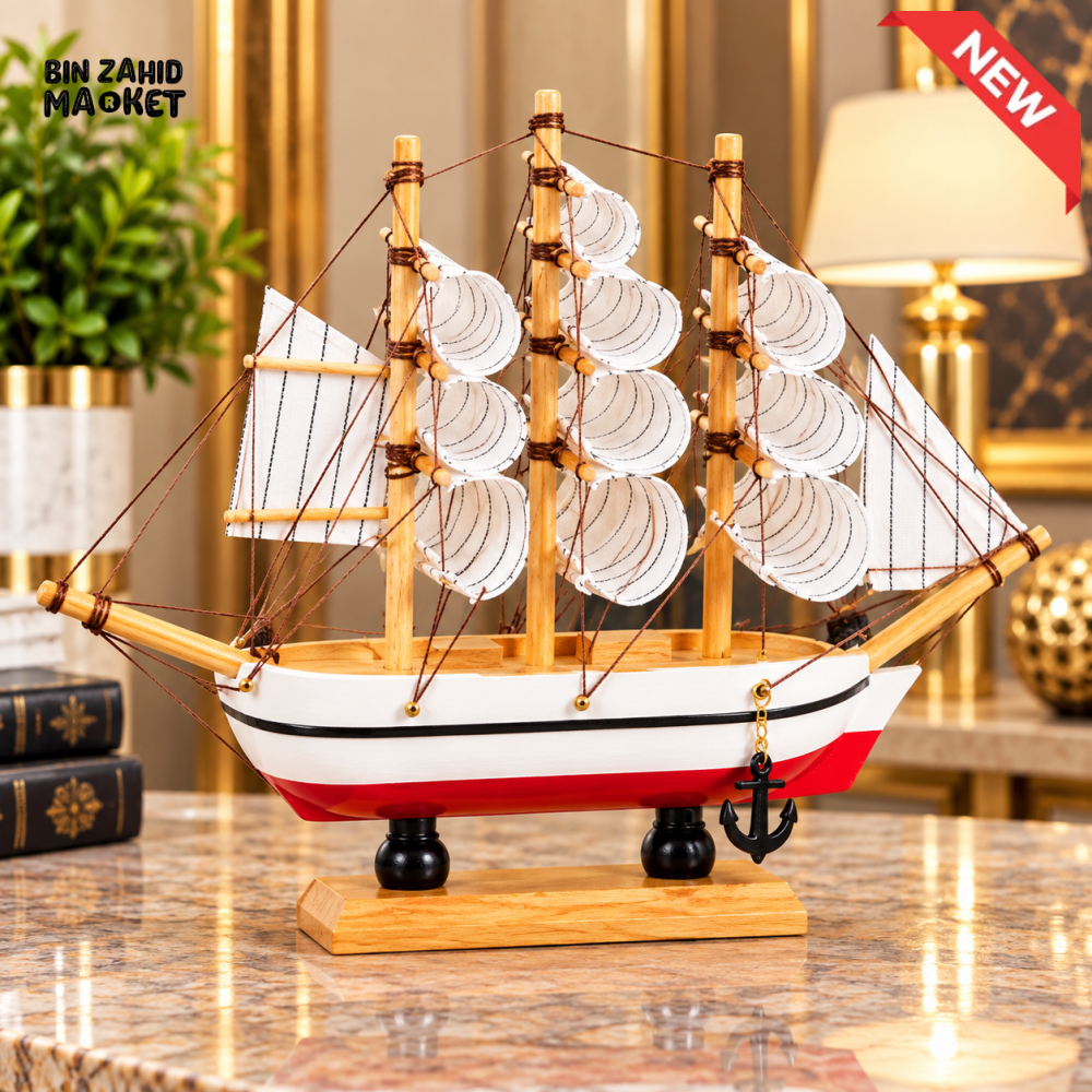 WHITE RED THREE MAST SAILING SHIP DECORATIVE SHOWPIECE
