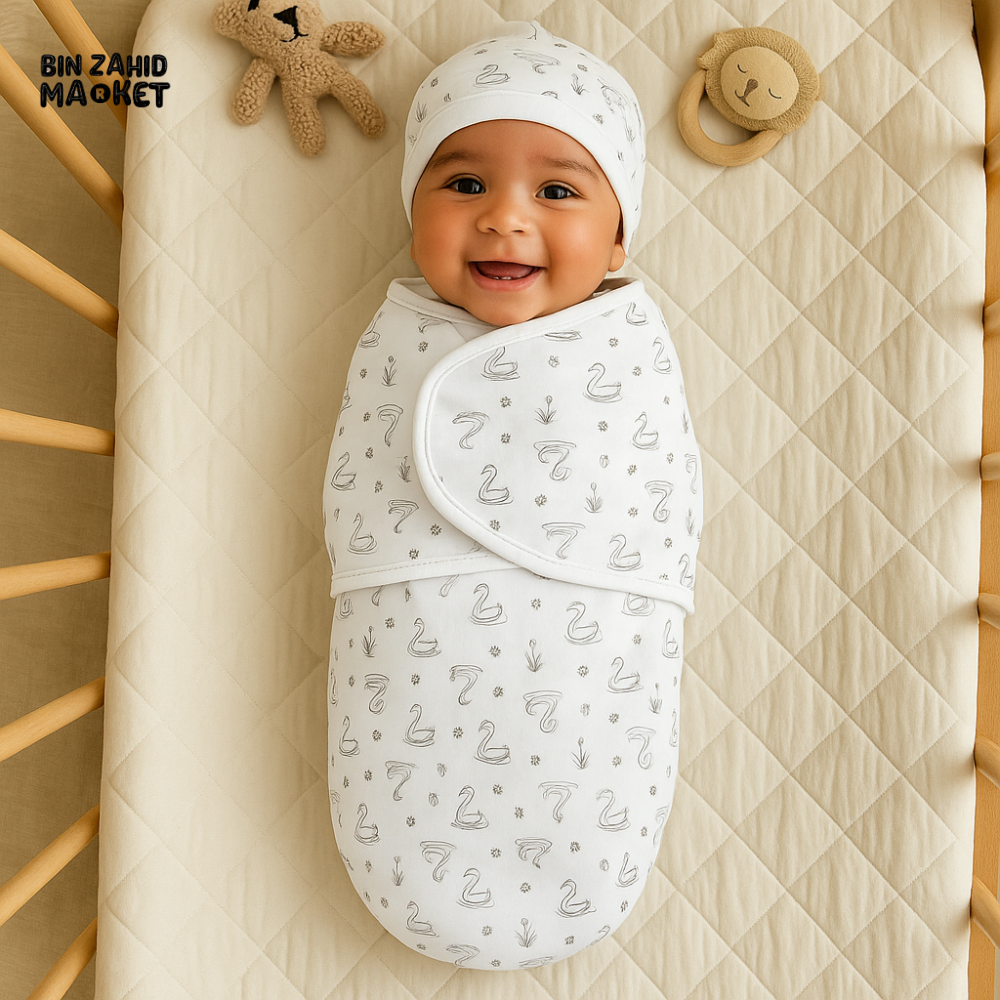 WHITE SWAN PRINT NEWBORN SWADDLE SET WITH CAP MITTENS – UNISEX