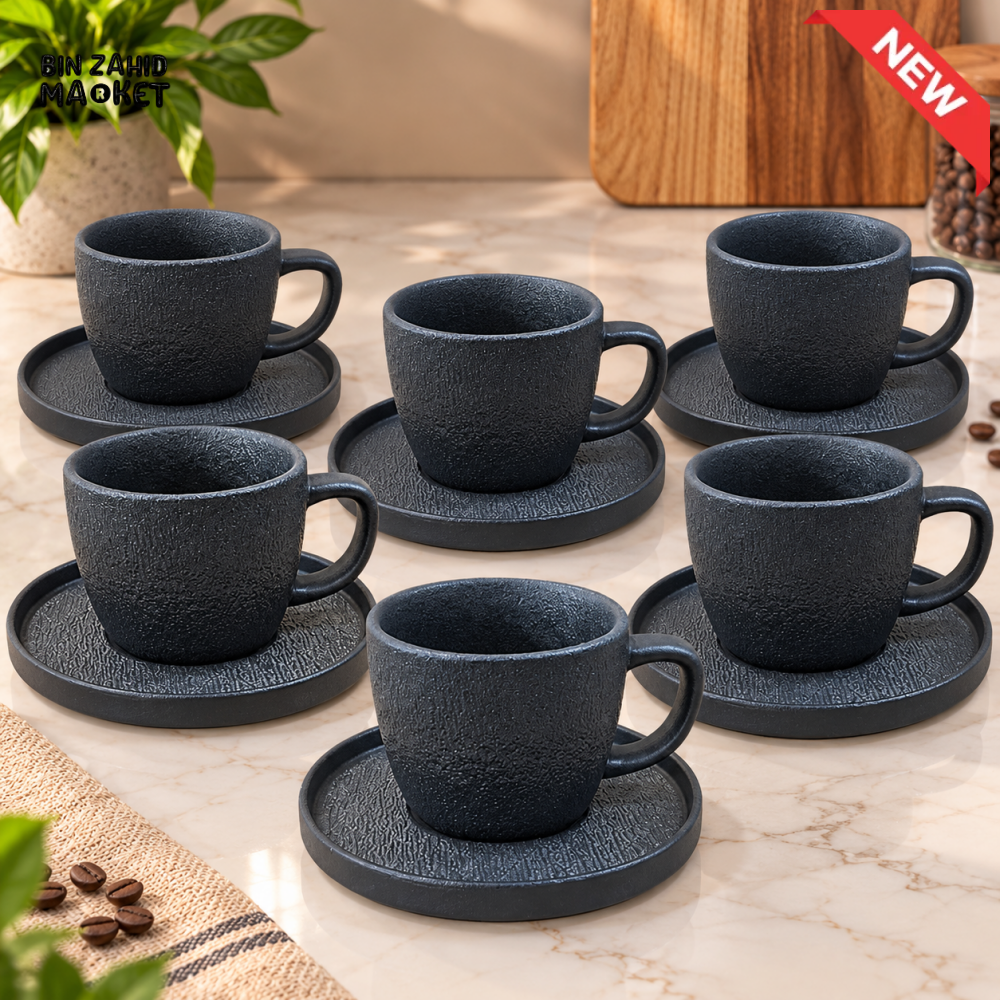 WINSOR ENGLAND 12 PIECE 6 BLACK CERAMIC CUP & SAUCER SET
