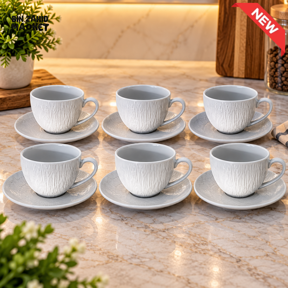 WINSOR ENGLAND 12-PIECE TEXTURED CERAMIC TEA CUP AND SAUCER SET – WHITE