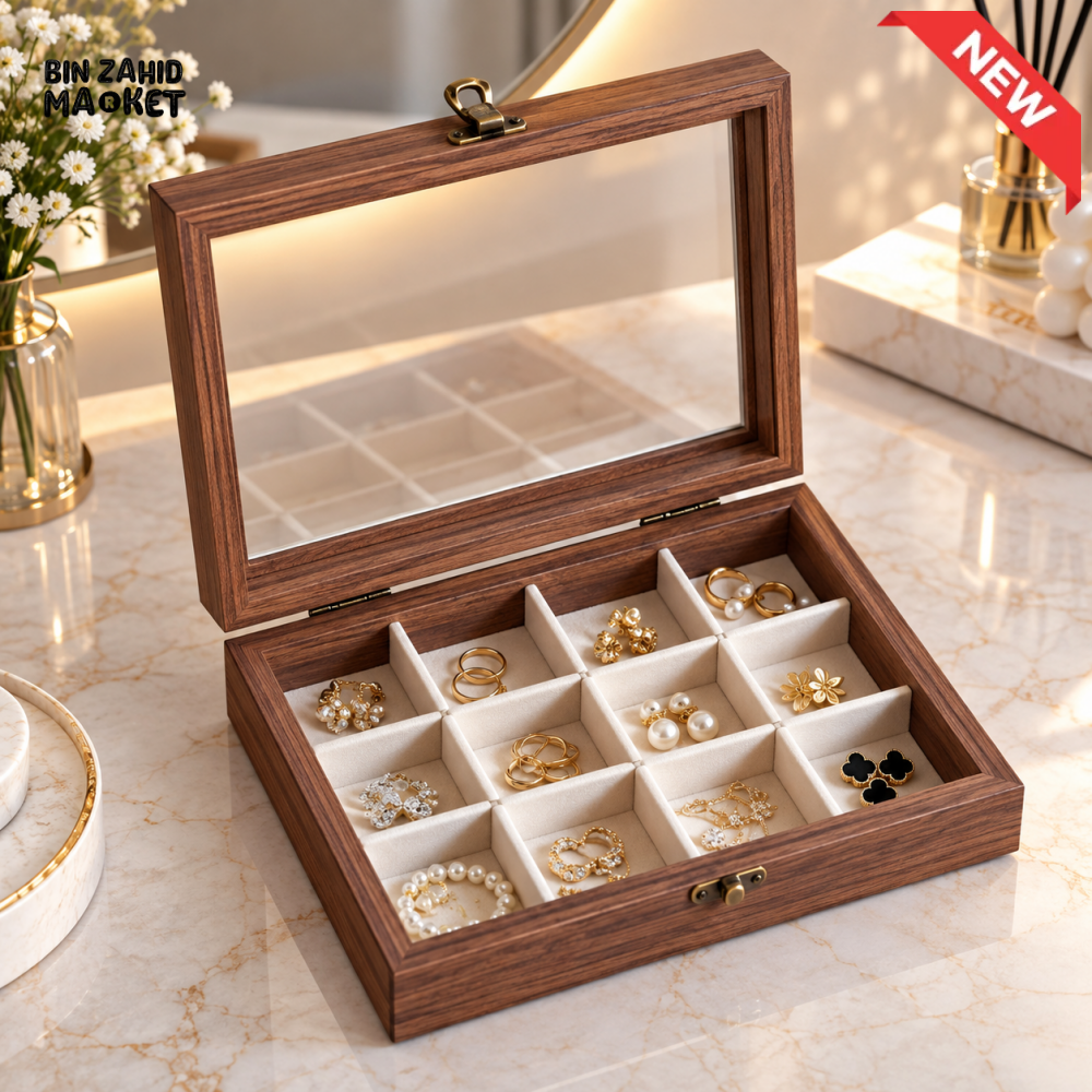 WOODEN 12 COMPARTMENT JEWELRY ORGANIZER BOX WITH GLASS LID