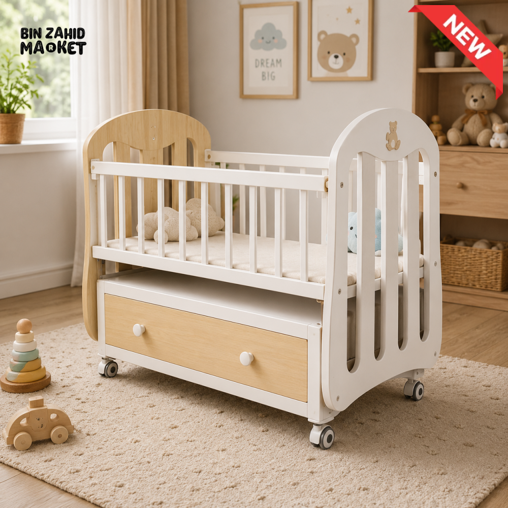 WOODEN BABY CRIB WITH STORAGE DRAWER