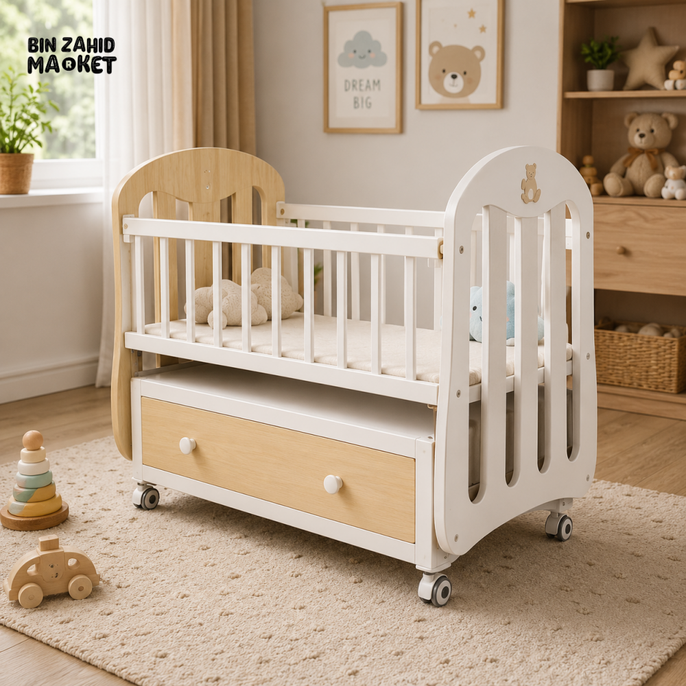 WOODEN BABY CRIB WITH STORAGE DRAWER