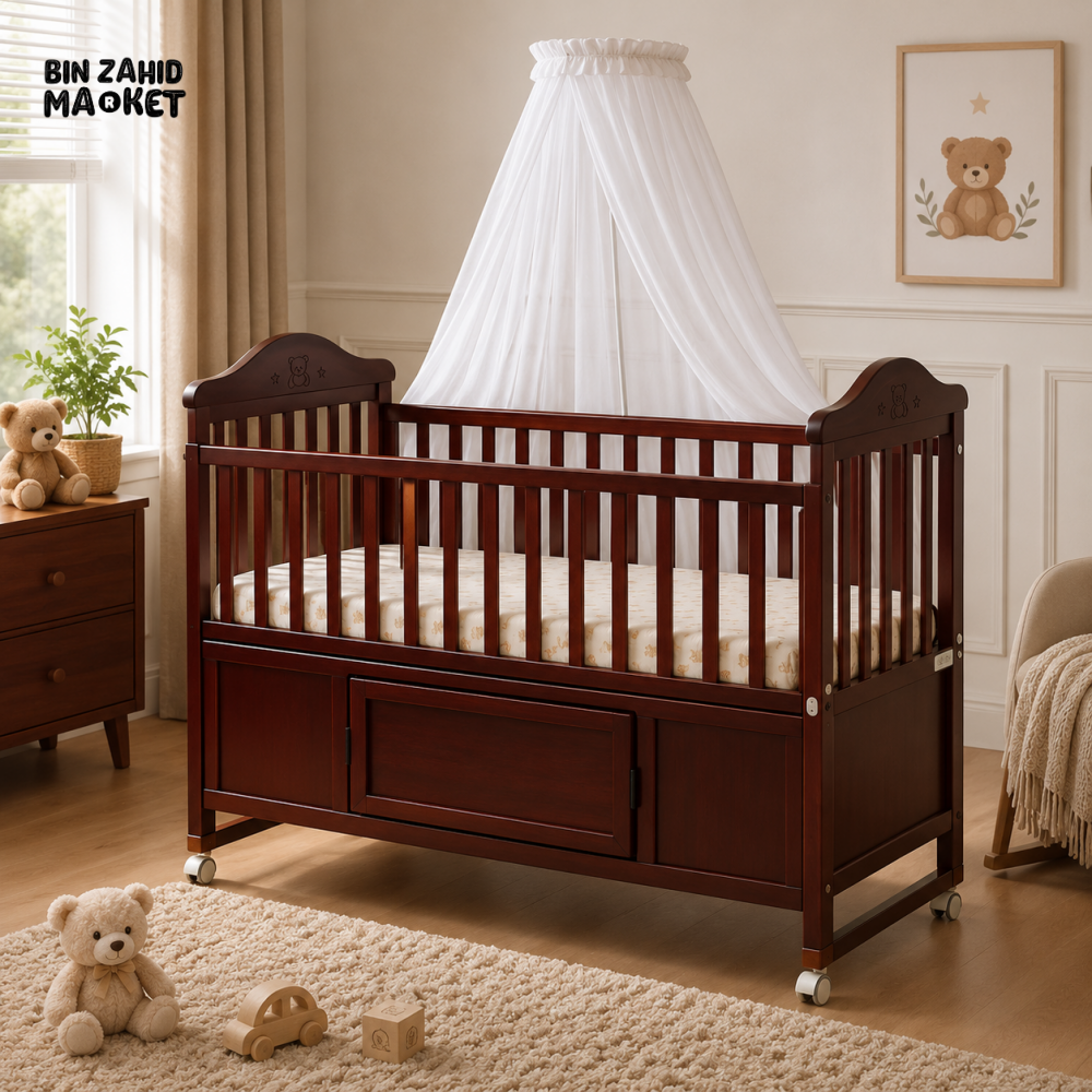 WOODEN BABY CRIB WITH STORAGE PANEL AND MOSQUITO NET - BROWN