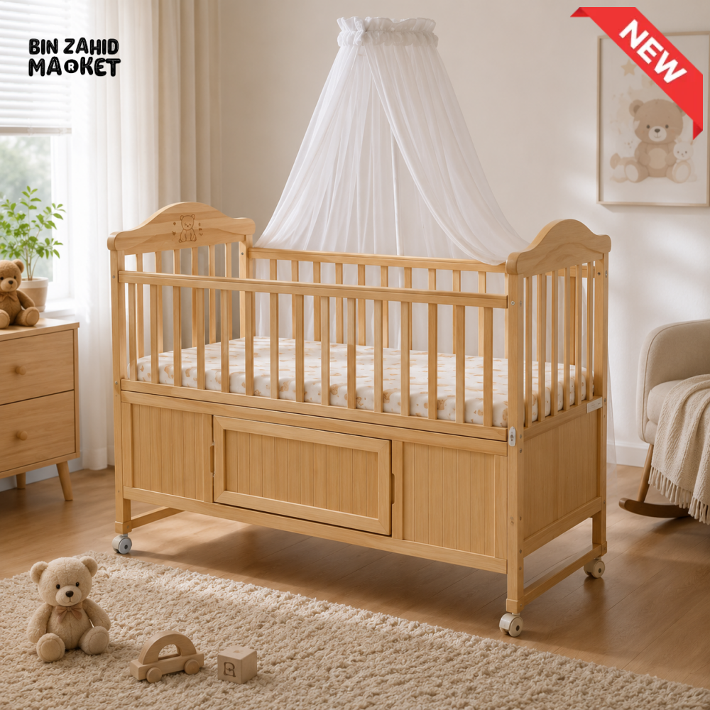WOODEN BABY CRIB WITH STORAGE PANEL AND MOSQUITO NET - NATURAL