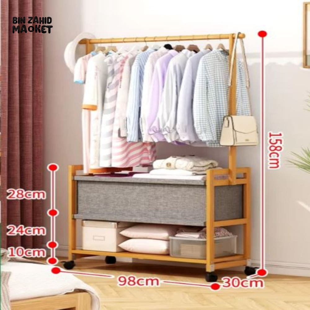 WOODEN COAT RACK WITH FABRIC BASKET & 360° WHEELS