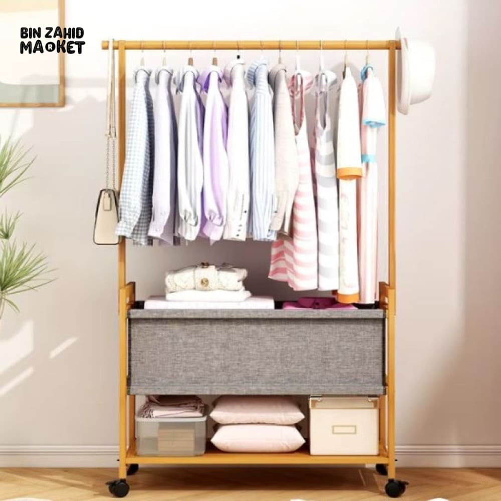 WOODEN COAT RACK WITH FABRIC BASKET & 360° WHEELS
