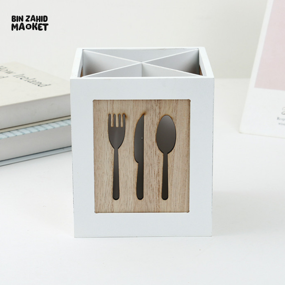 WOODEN CUTLERY HOLDER BOX WITH 4 COMPARTMENTS – MODERN KITCHEN UTENSIL ORGANIZER DECOR