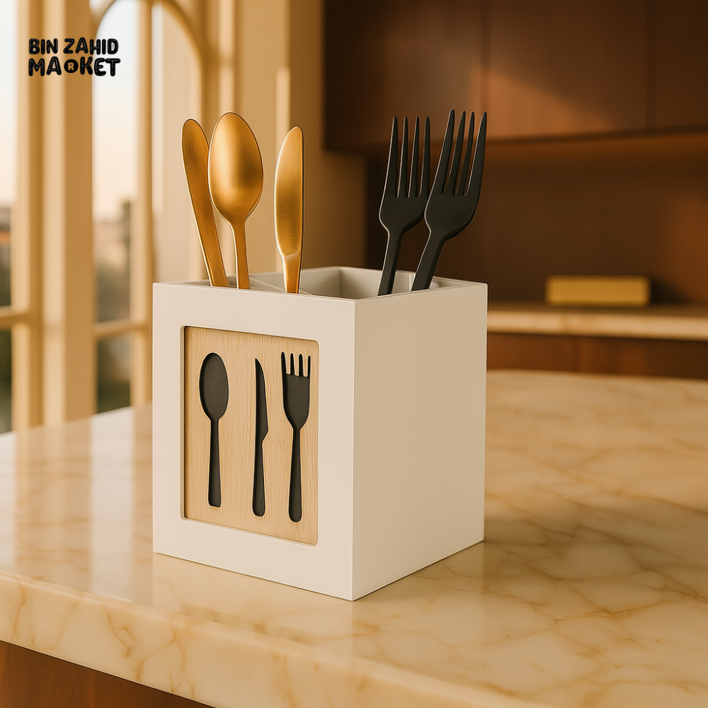WOODEN CUTLERY HOLDER BOX WITH 4 COMPARTMENTS – MODERN KITCHEN UTENSIL ORGANIZER DECOR
