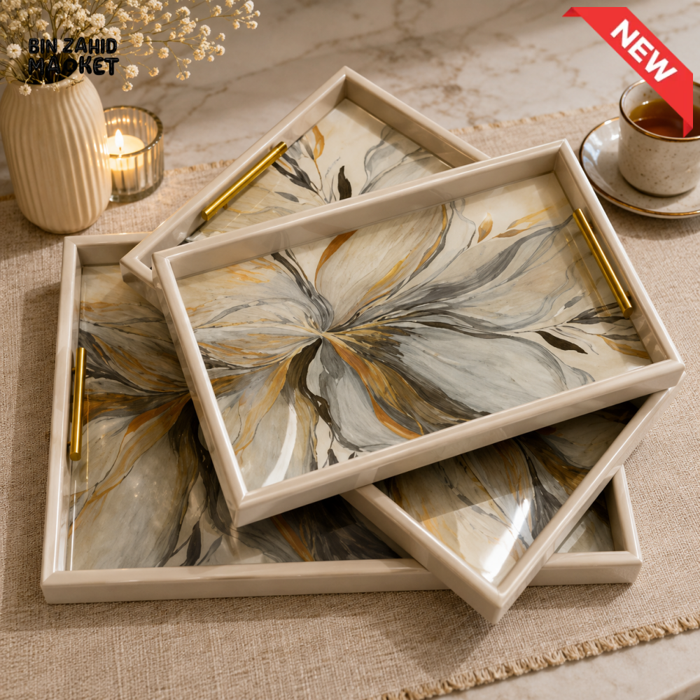 WOODEN FLORAL DECORATIVE SERVING TRAY - 3 PCS SET
