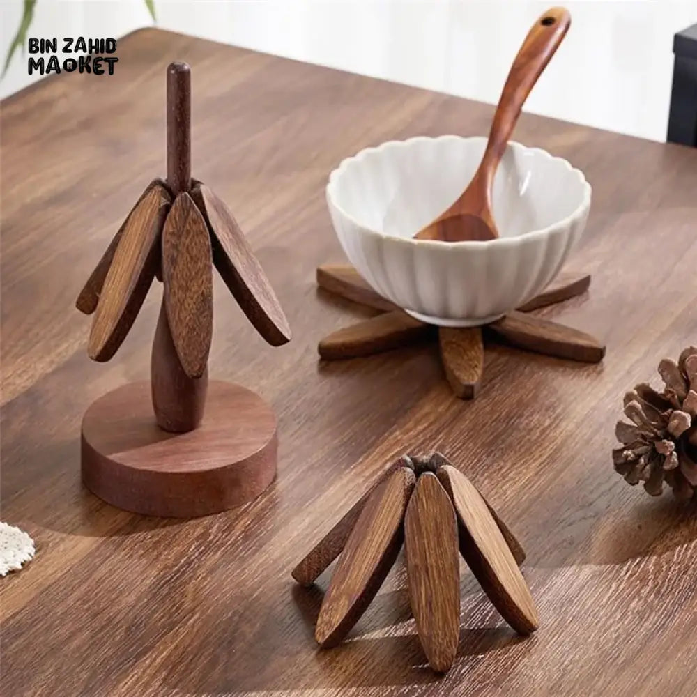 WOODEN FOLDABLE COASTER SET | MULTIFUNCTIONAL TABLE MAT & STAND NATURAL WALNUT FINISH