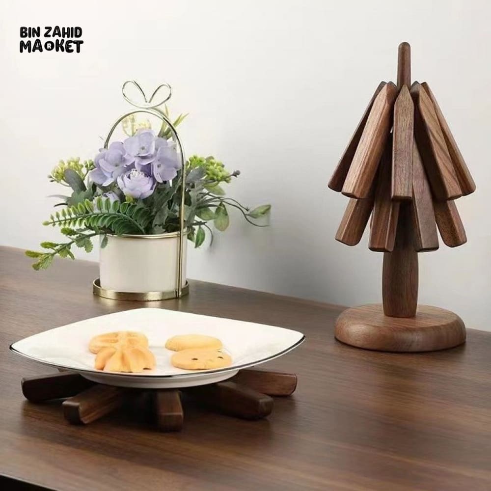 WOODEN FOLDABLE COASTER SET | MULTIFUNCTIONAL TABLE MAT & STAND NATURAL WALNUT FINISH