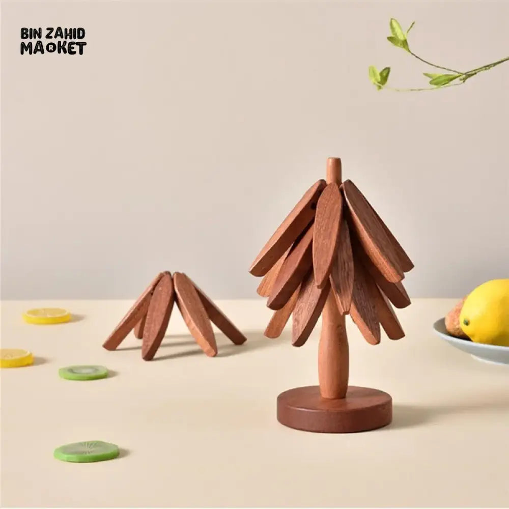 WOODEN FOLDABLE COASTER SET | MULTIFUNCTIONAL TABLE MAT & STAND NATURAL WALNUT FINISH