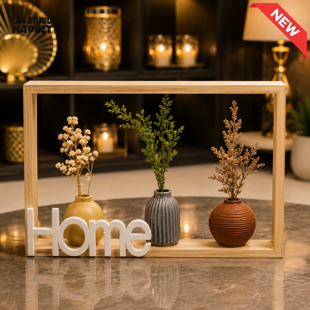 WOODEN HOME DECOR FRAME WITH THREE MINI VASES