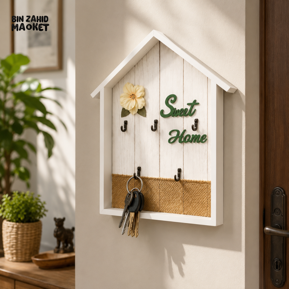 WOODEN HOUSE SHAPE KEY HOLDER WITH 4 HOOKS