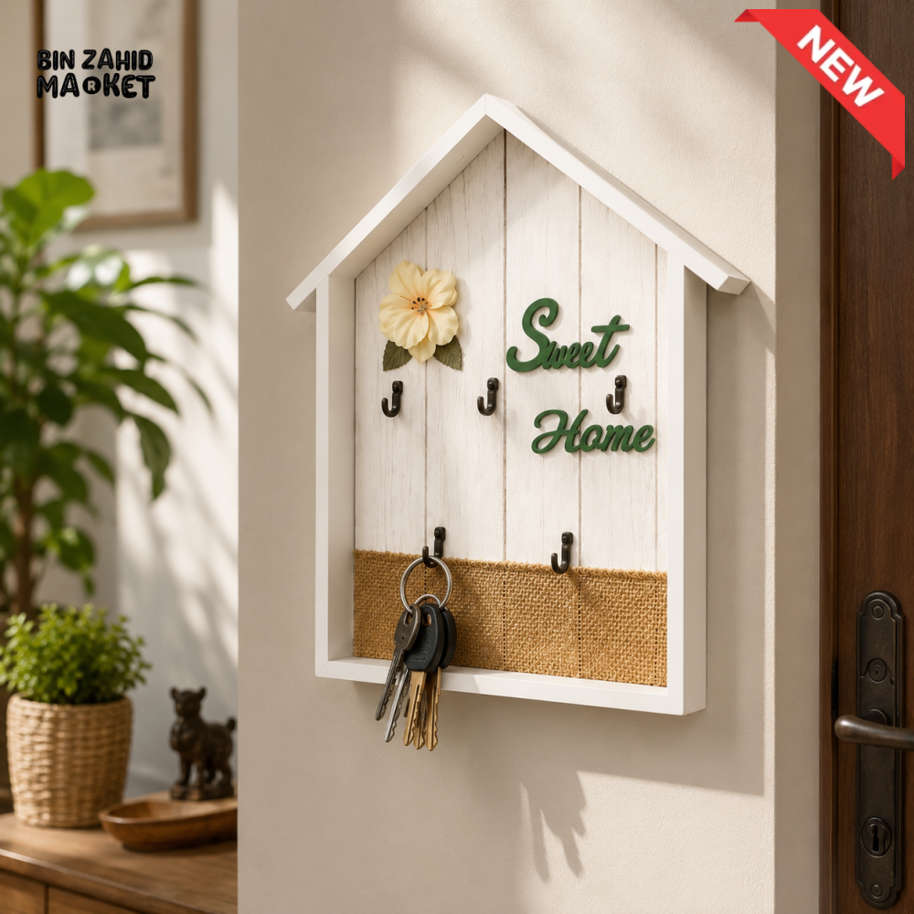 WOODEN HOUSE SHAPE KEY HOLDER WITH 4 HOOKS