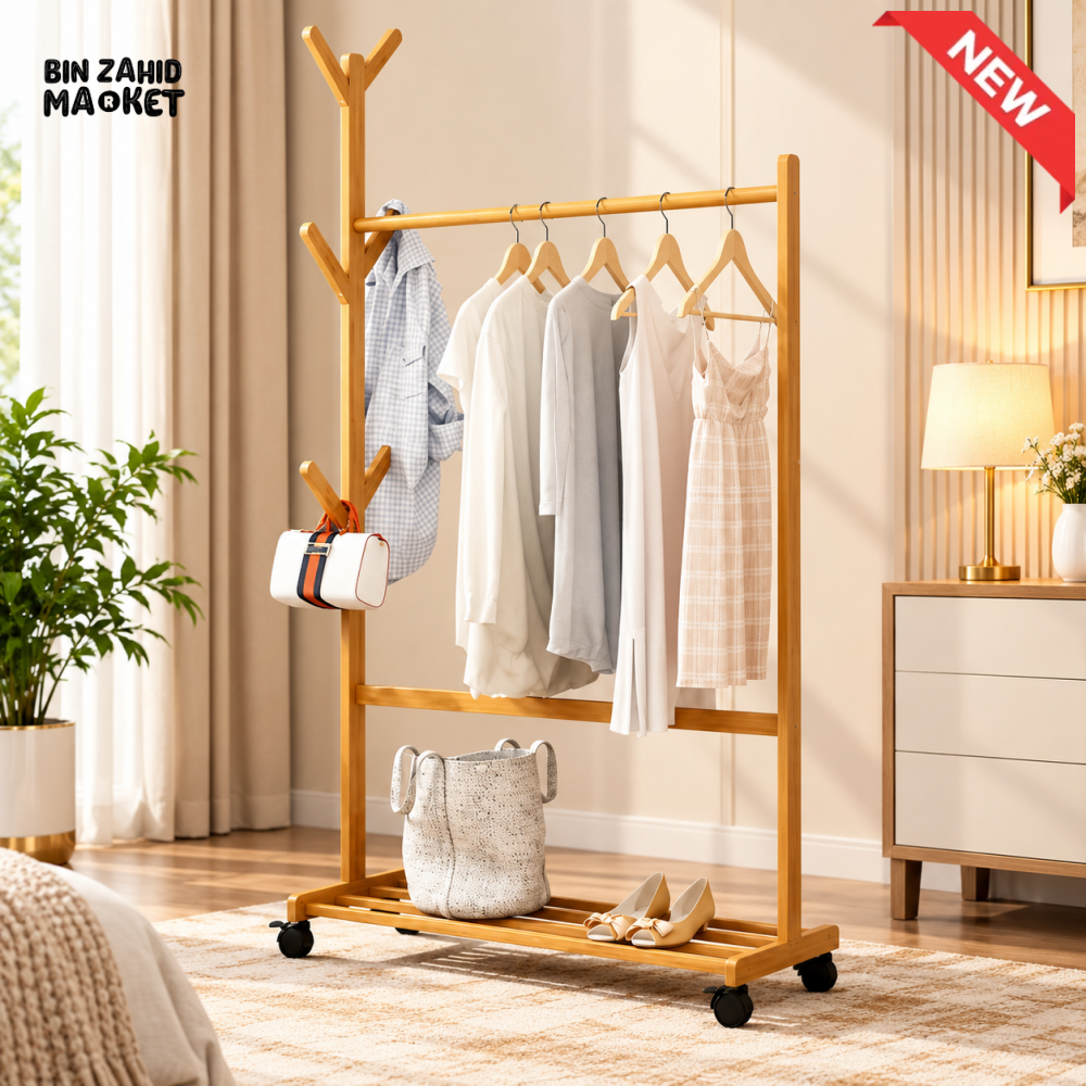 WOODEN MOBILE CLOTHES GARMENT RACK WITH HOOKS & WHEELS