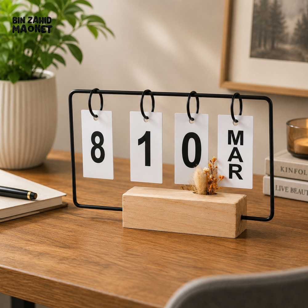 WOODEN PERPETUAL DESKTOP CALENDAR WITH FLOWER VASE