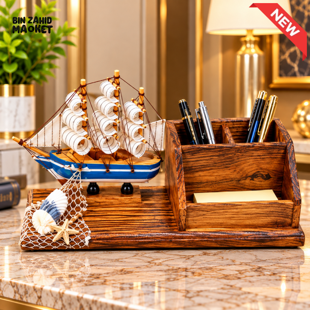 WOODEN SHIP DESK ORGANIZER WITH PEN HOLDER